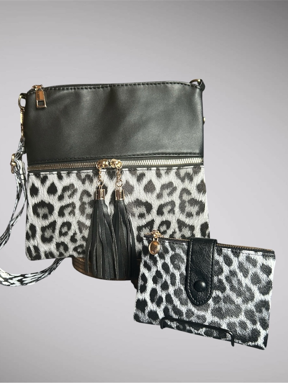 Leopard Black & Gray Crossbody & Wallet Gold color Accents & Guitar style strap